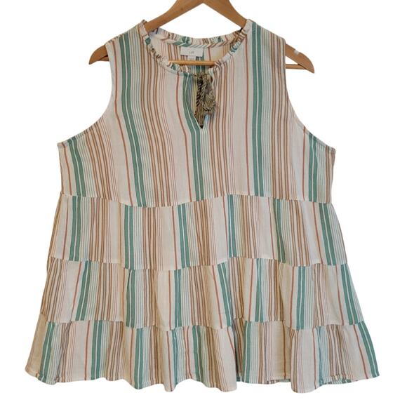 J.Jill Stiped Tiered Boho Tunic Top Women's Tassel Coastal Beachy Resort Size‎ L - Picture 1 of 7